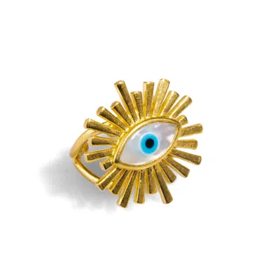 Ebru Jewelry Women's Blue / White / Gold Third Eye Guardian Pearl & Gold Chunky Ring - Blue