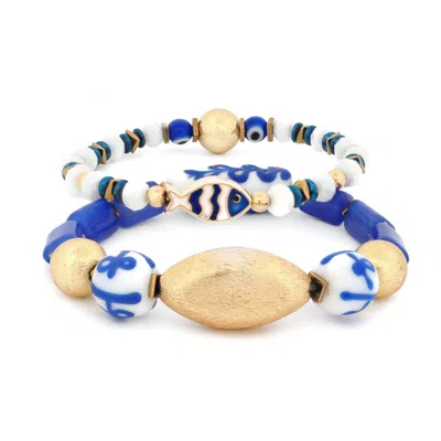 Ebru Jewelry Women's Blue / White Greece Vibes Blue & White Ceramic Bracelet Set - Blue In Multi