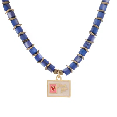 Ebru Jewelry Women's Blue / White Love You Enamel Heart Pendant Blue Choker Necklace - Blue