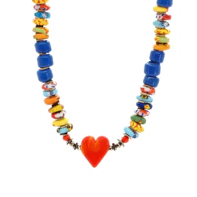 Ebru Jewelry Women's Blue / Yellow / Orange Bohemian Style Red Heart Happy Summer Necklace - Multicolour