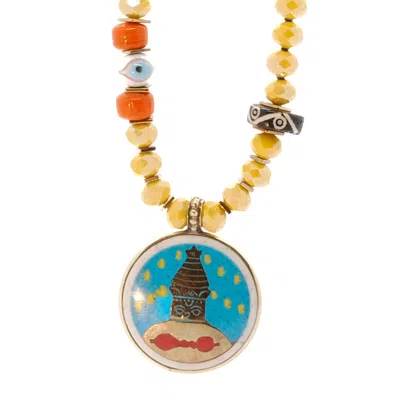 Ebru Jewelry Women's Blue / Yellow / Orange Colorful Nepal Mantra Pendant Yellow Beaded Long Necklace - Yellow