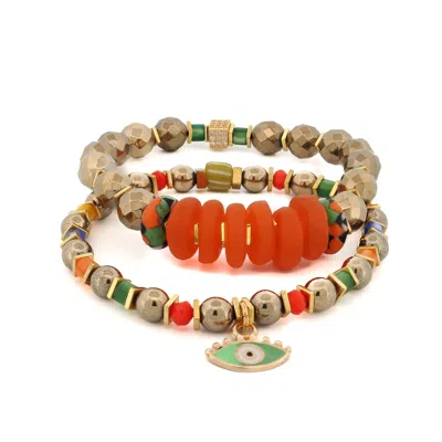 Ebru Jewelry Women's Blue / Yellow / Orange Evil Eye Charm Joyful Colorful & Gold Beaded Bracelet - Gold