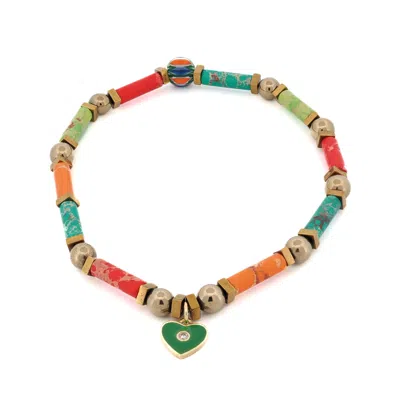 Ebru Jewelry Women's Blue / Yellow / Orange Playful Spirit Gold Anklet With Jasper & Heart Charm - Multicolour