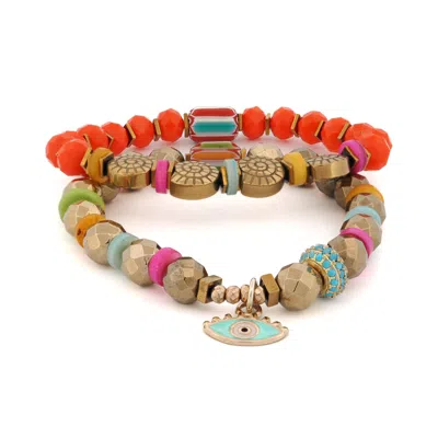 Ebru Jewelry Women's Blue / Yellow / Orange Sunset Breeze Evil Eye Beaded Bracelet Set - Multicolour