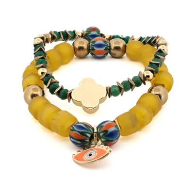 Ebru Jewelry Women's Blue / Yellow / Orange Whispers Of The Evil Eye Beaded Bracelet Set - Yellow