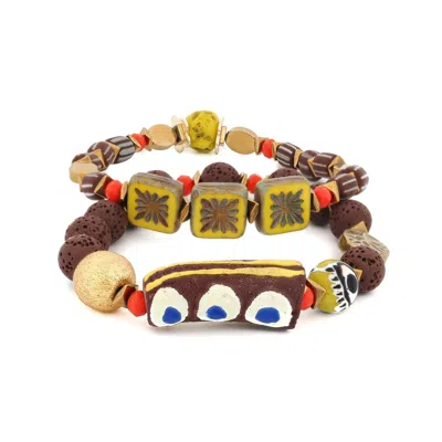 Ebru Jewelry Women's Brown / Gold Grounded Spirit Evil Eye Bracelet Duo - Brown In Multi