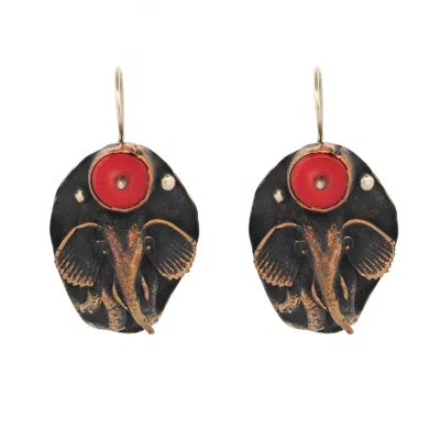 Ebru Jewelry Women's Brown / Red Handmade Unique Spirit Elephant Coral Earrings - Red