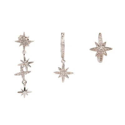 Ebru Jewelry Women's Celestial Trinity Silver & Diamond Earring Set - Silver