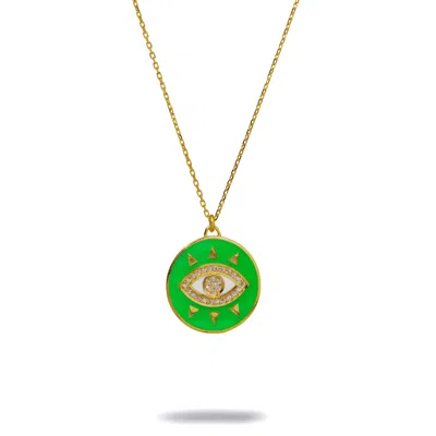 Ebru Jewelry Women's Cheerful Neon Green Evil Eye & Diamond Pendant Gold Chain Necklace - Green