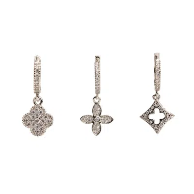 Ebru Jewelry Women's Clover Silver & Diamond Trio Hoop Earring Set - Silver In Metallic
