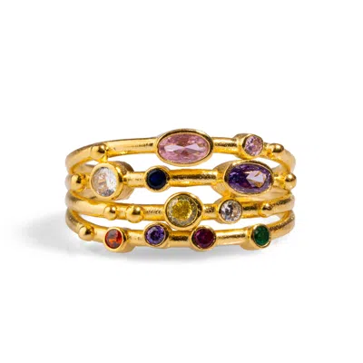 Ebru Jewelry Women's Colorful Multi Gemstone & Gold Adjustable Statement Ring - Multicolor