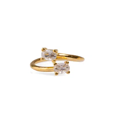 Ebru Jewelry Women's Double Diamond Stone & Gold Dainty Adjustable Ring - Gold