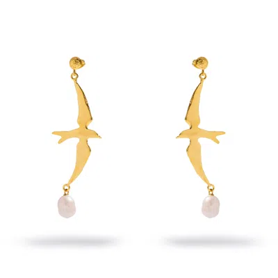 Ebru Jewelry Women's Free Spirit Sparrow Pearl Gold Drop Earrings - Gold