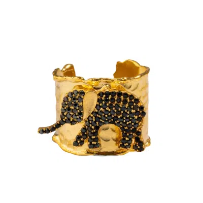 Ebru Jewelry Women's Gold / Black Guardian Black Elephant Gold Cuff Adjustable Ring - Black