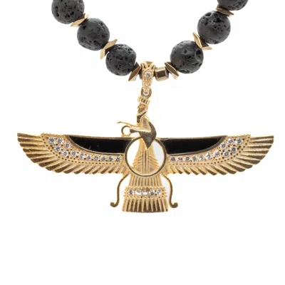 Ebru Jewelry Women's Gold / Black Guidance Faravahar Symbol Pendant Black Beaded Necklace - Black