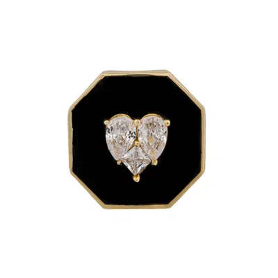 Ebru Jewelry Women's Gold / Black Magical Love Black Enamel Diamond Heart Adjustable Statement Ring - Black