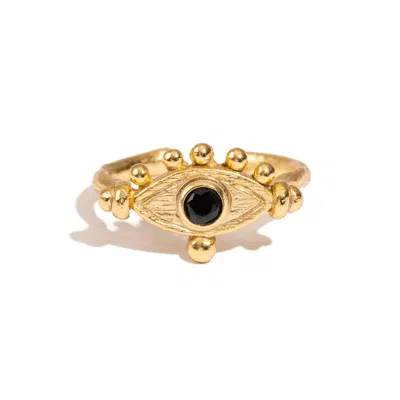 Ebru Jewelry Women's Gold / Black Mystic Black Onyx Evil Eye Gold Adjustable Band Ring - Black
