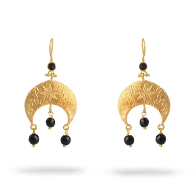 Ebru Jewelry Women's Gold / Black Mystic Moon Onyx Dangle Gold Earrings - Gold