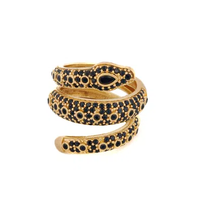 Ebru Jewelry Women's Gold / Black Mystic Serpent Black Stone Triple Wrap Ring - Black In Multi