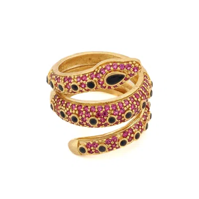 Ebru Jewelry Women's Gold / Black / Pink Mystic Serpent Black & Ruby Stone Triple Wrap Ring - Pink
