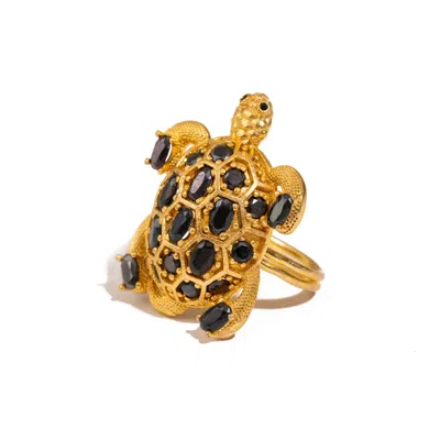 Ebru Jewelry Women's Gold / Black Protective Turtle Black Onyx & Gold Chunky Adjustable Ring - Gold