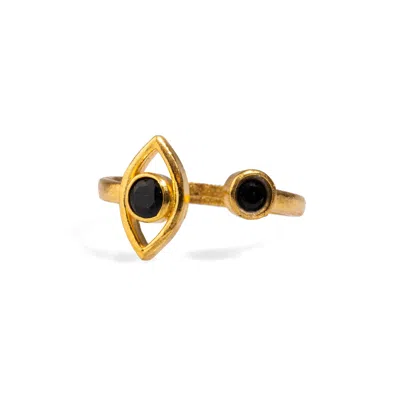 Ebru Jewelry Women's Gold / Black Spiritual Eye Black Onyx Stone & Gold Dainty Stackable Ring - Black In Multi