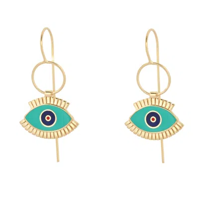 Ebru Jewelry Women's Gold / Blue / Black Divine Guardian Evil Eye Gold Enamel Dangle Earrings - Blue In Green