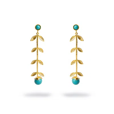 Ebru Jewelry Women's Gold / Blue Bohemian Elegance Gold Leaf & Turquoise Stone Dangle Earrings - Turquoise In Multi
