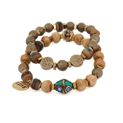Ebru Jewelry Women's Gold / Blue / Brown Boho Soul Nepal Meditation & Buddha Bead Bracelet Set - Brown