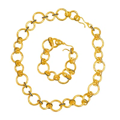 Ebru Jewelry Women's Gold / Blue Chunky Link Chain Gold & Sapphire Statement Choker Necklace With Bracelet Set - 