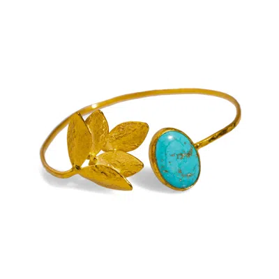 Ebru Jewelry Women's Gold / Blue Cleopatra Turquoise & Gold Leaf Design Cuff Bracelet - Turquoise