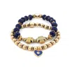 Ebru Jewelry Women's Gold / Blue Deep Love Blue Crystal & Heart Charm Gold Bracelet Set - Blue