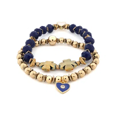 Ebru Jewelry Women's Gold / Blue Deep Love Blue Crystal & Heart Charm Gold Bracelet Set - Blue
