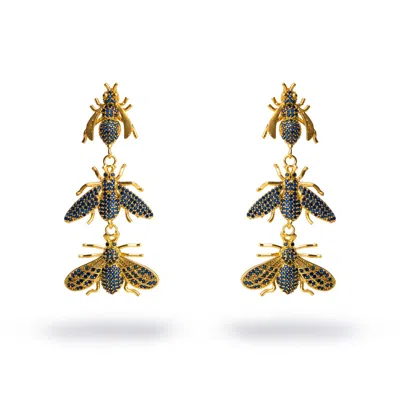 Ebru Jewelry Women's Gold / Blue Divine Connection Trio Queen Bee Sapphire & Gold Dangle Earrings - Blue