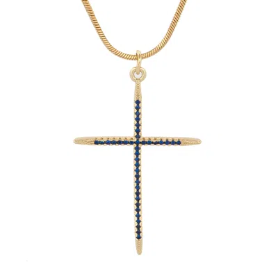 Ebru Jewelry Women's Gold / Blue Divine Sapphire Cross Gold Pendant Necklace - Gold