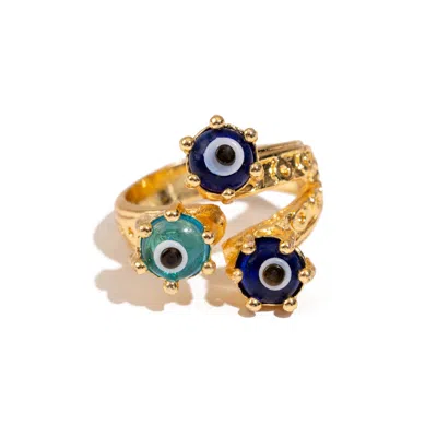 Ebru Jewelry Women's Gold / Blue Divine Trio Evil Eye Adjustable Gold Ring - Blue