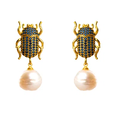 Ebru Jewelry Women's Gold / Blue Egyptian Scarab Sapphire & Pearl Dangle Mystic Earrings - Blue