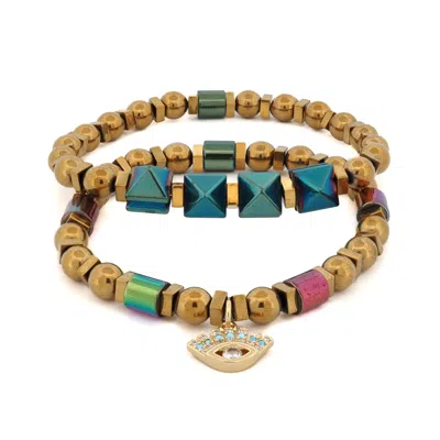 Ebru Jewelry Women's Gold / Blue Evil Eye Charm Fashion Style Hematite Beaded Bracelet Set - Gold In Neutral