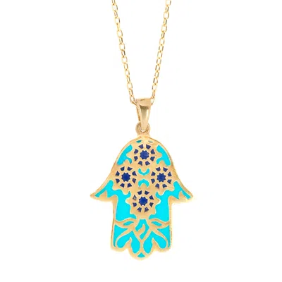 Ebru Jewelry Women's Gold / Blue Floral Hamsa Hand Pendant Turquoise & Gold Necklace - Turquoise In Green