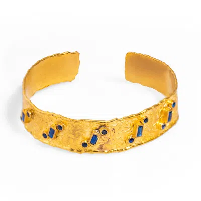 Ebru Jewelry Women's Gold / Blue Geometric Sapphires & Gold Design Cuff Bracelet - Blue In Multi