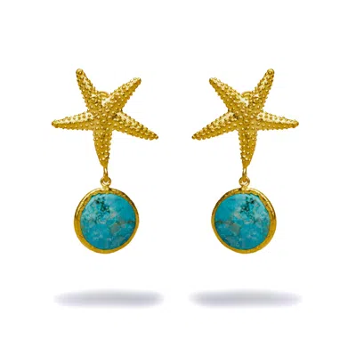 Ebru Jewelry Women's Gold / Blue Gold Starfish Stud & Turquoise Stone Dangle Earrings - Turquoise