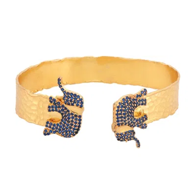 Ebru Jewelry Women's Gold / Blue Guardian Sapphire Elephant Gold Cuff Bracelet - Navyblue