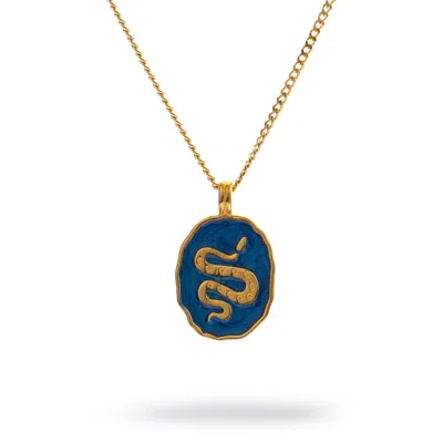 Ebru Jewelry Women's Gold / Blue Guardian Snake Blue Enamel Gold Necklace - Blue