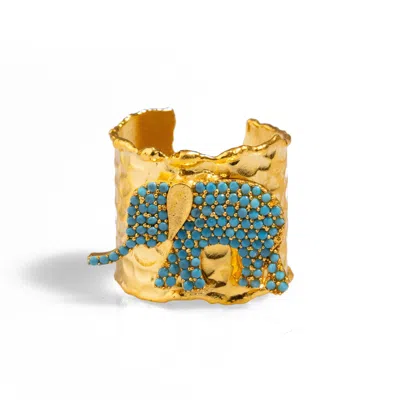 Ebru Jewelry Women's Gold / Blue Guardian Turquoise Elephant Gold Chunky Adjustable Ring - Turquoise