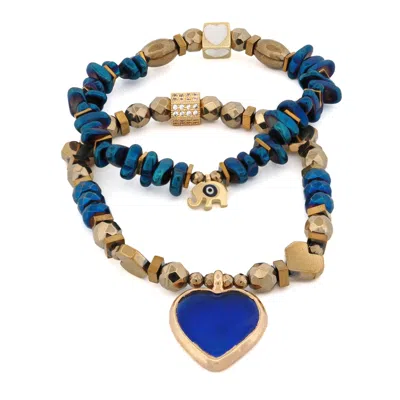 Ebru Jewelry Women's Gold / Blue Heart & Luck Blue Murano & Elephant Charm Bracelet Set - Blue