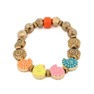 Ebru Jewelry Women's Gold / Blue Joyful Sea Shell Colorful Beaded Bracelet - Multicolour