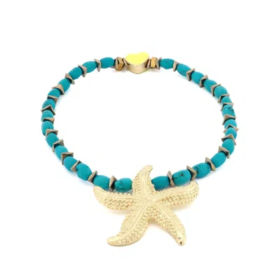 Ebru Jewelry Women's Gold / Blue Majestic Starfish Charm Turquoise & Yellow Heart Beaded Anklet - Blue In Multi