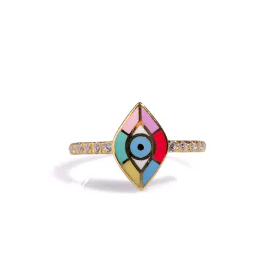 Ebru Jewelry Women's Gold / Blue Minimalist Colorful Enamel Evil Eye Diamond Band Cocktail Ring - Colorful