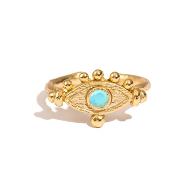 Ebru Jewelry Women's Gold / Blue Mystic Turquoise Evil Eye Gold Adjustable Band Ring - Turquoise