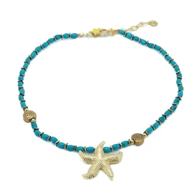 Ebru Jewelry Women's Gold / Blue Ocean Spirit Starfish & Turquoise Choker Necklace - Blue
